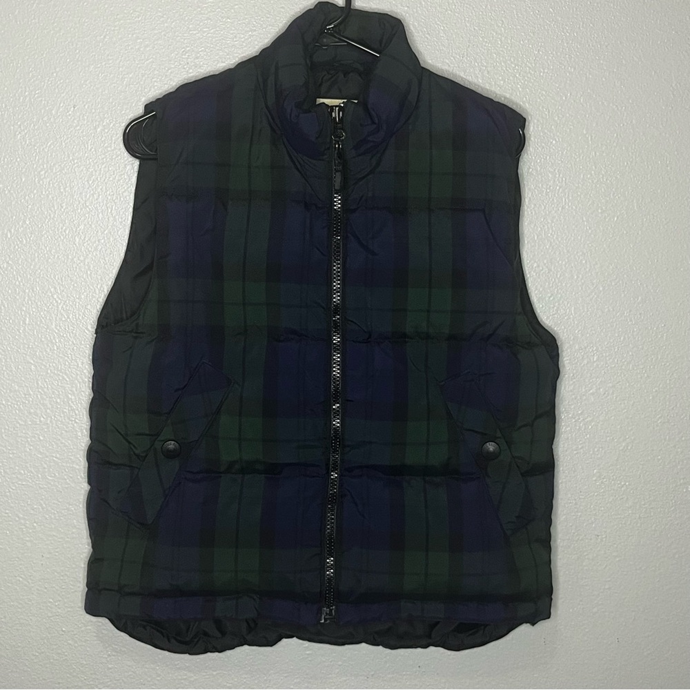 Eddie Bauer Puffer Goose Down Vest Women S/P Blue Green Plaid Full‎ Zip Pockets